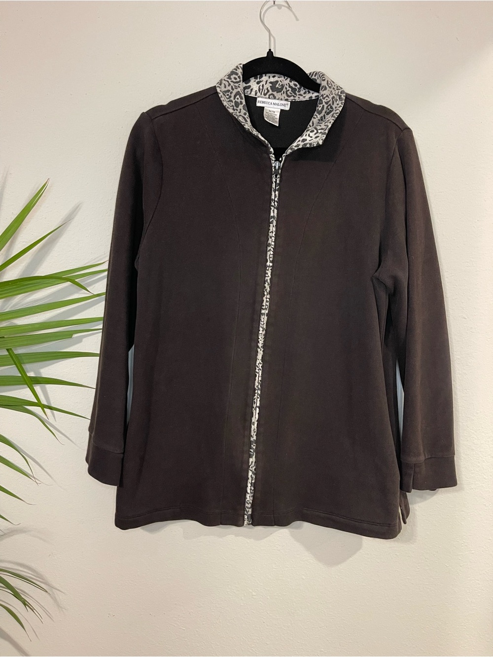 Rebecca Malone Dark Brown Zip-Front Jacket with Leopard Trim
